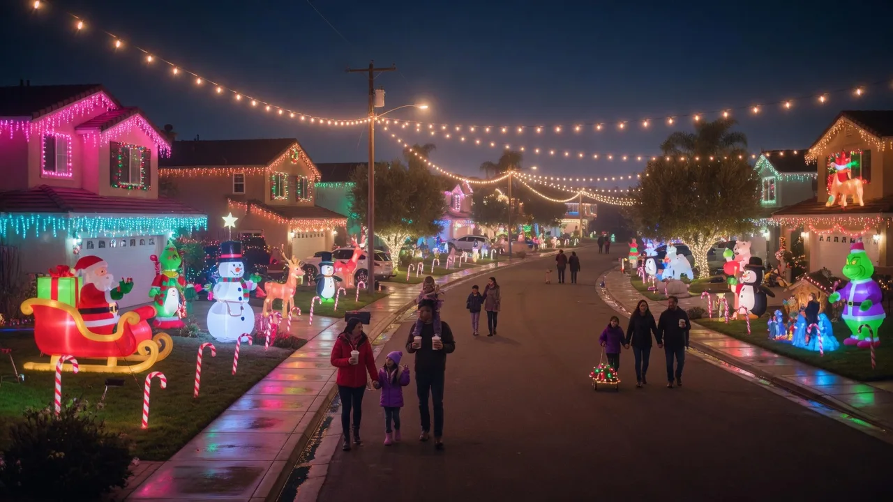 Suburban street in Santa Clarita Valley decorated with colorful Christmas lights at night