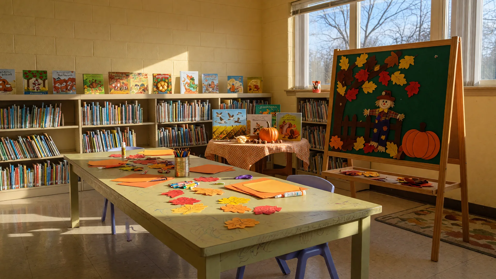 A bright children's library program room in early November with a craft table set for autumn leaf projects, a felt-board story easel, shelves of picture books, and a fall book display in warm morning light