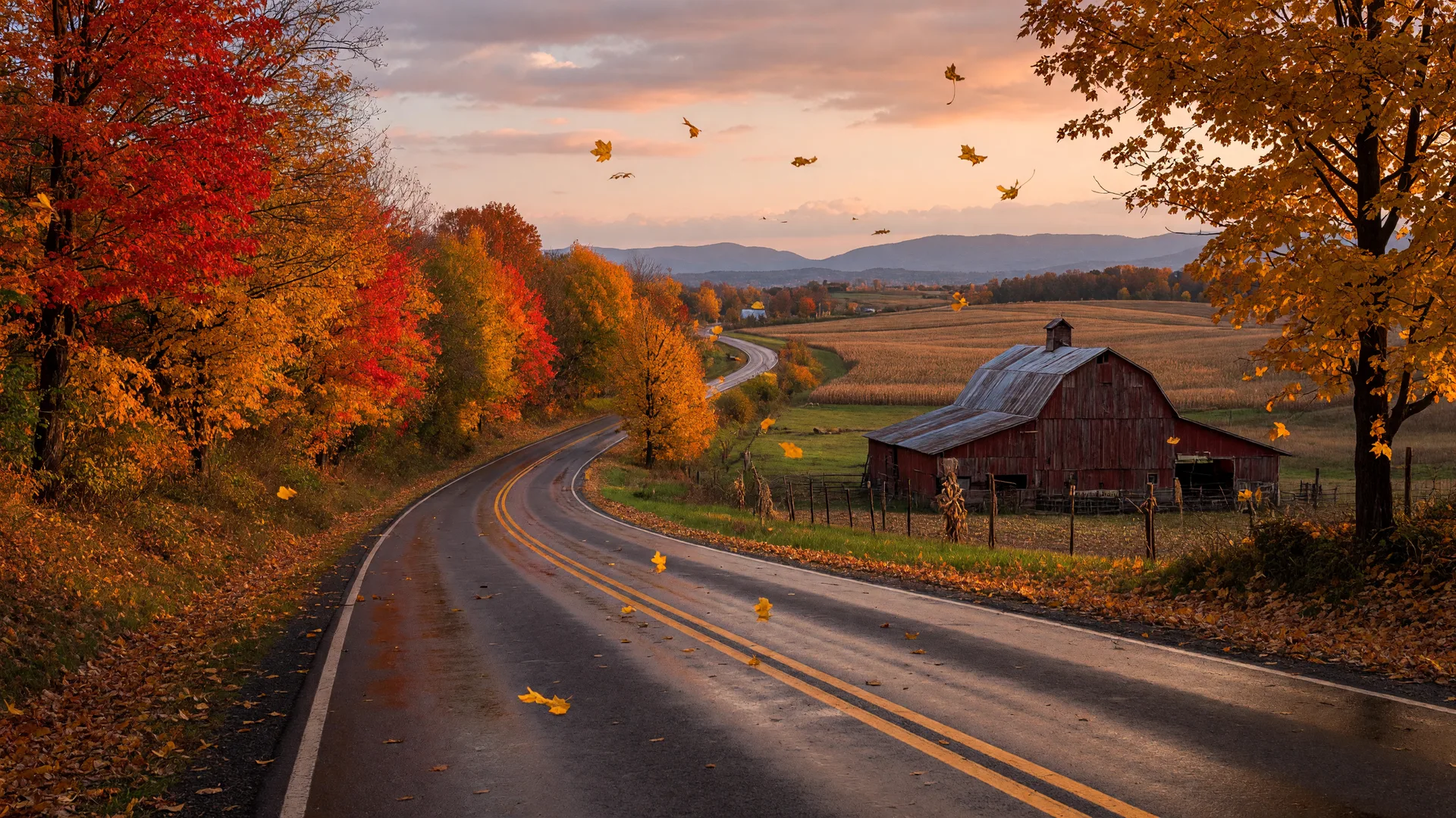 A scenic two-lane country road near Wilmington, Ohio lined with maple and oak trees in vivid orange, red, and gold autumn color at golden hour
