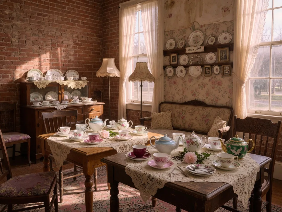 Elegant interior of Fergusson's on the Square tea room with mismatched china teacups, antique furniture, and lace tablecloths in Hoschton Georgia