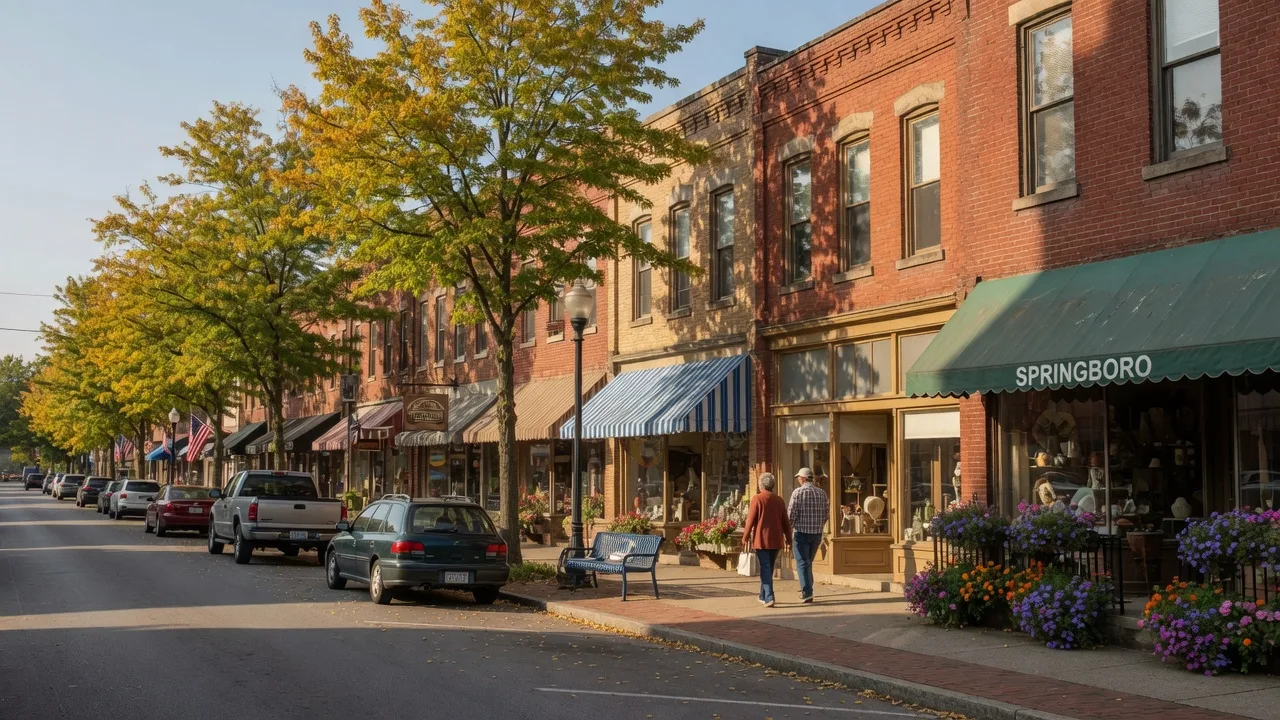 A warm golden-hour view of historic Uptown Main Street in Springboro, Ohio with brick storefronts, canvas awnings, flower boxes and autumn trees