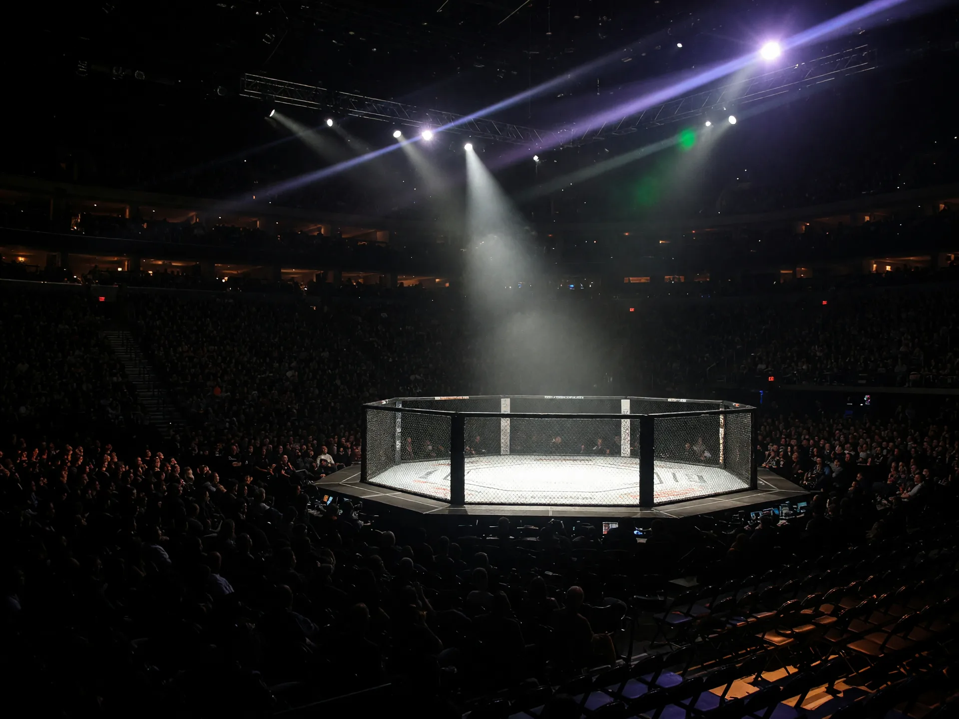A spotlighted, empty octagon cage at the center of a dark sold-out arena with the crowd as silhouettes
