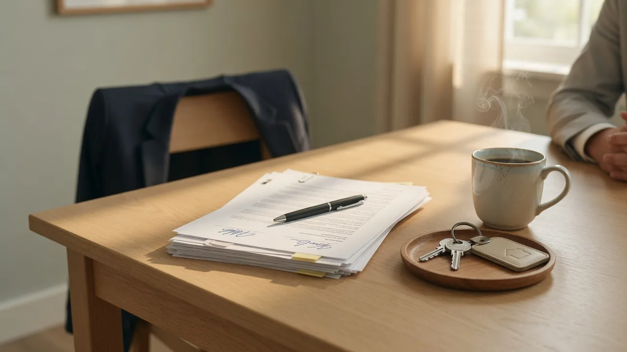 A home-buying closing scene with signed papers, a pen, and keys on a small wooden tray in soft window light.