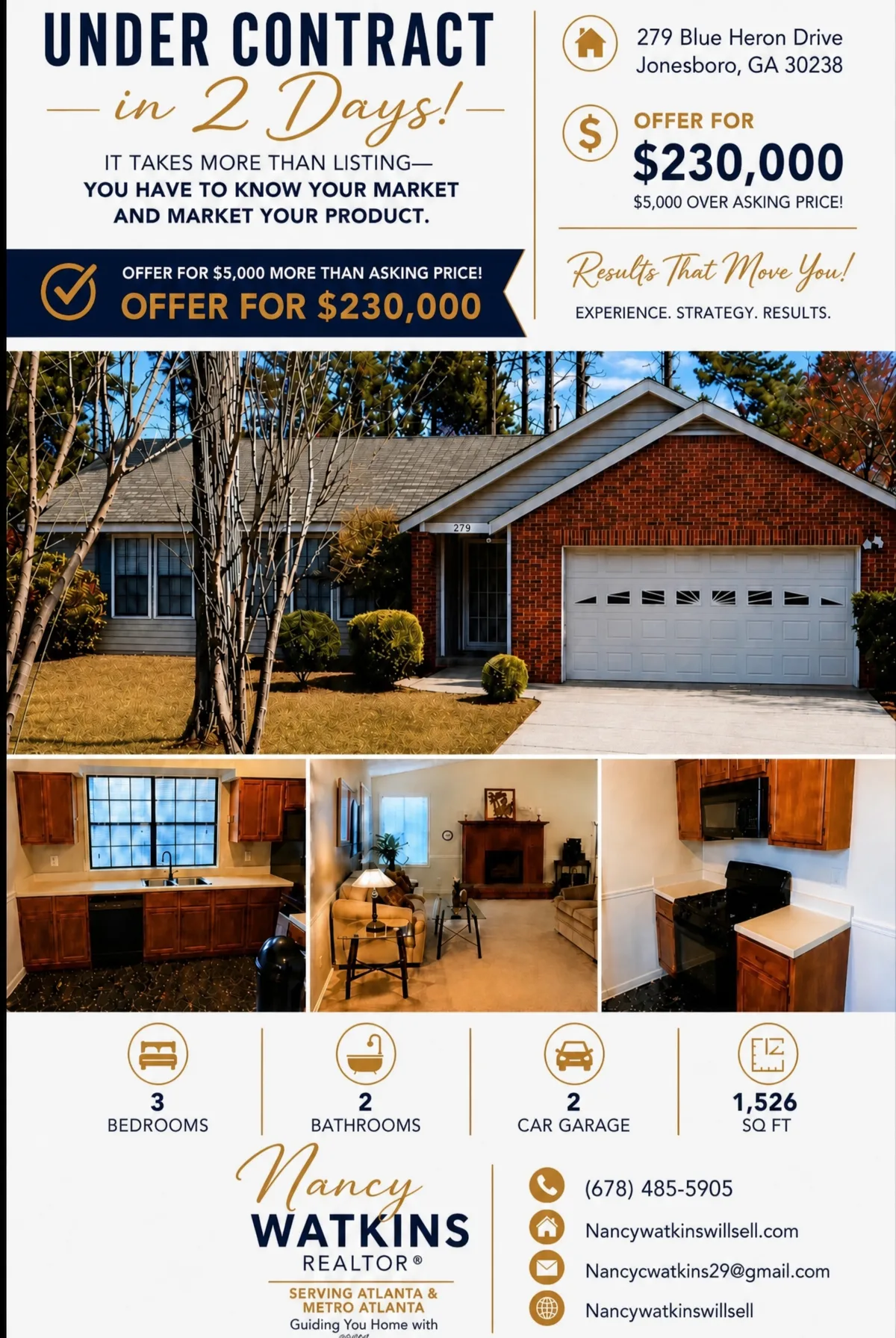Real estate marketing flyer for 279 Blue Heron Drive in Jonesboro, Georgia, the sold home in Clayton County