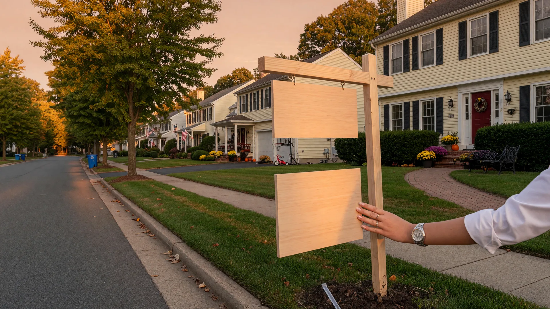 Real estate agent placing a sign in front of a well-maintained suburban home