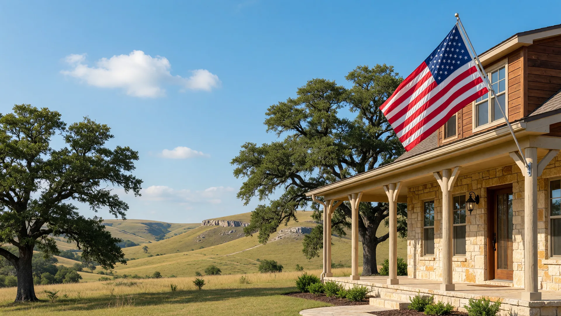 Texas Hill Country home with an American flag flying from a front-porch flagpole