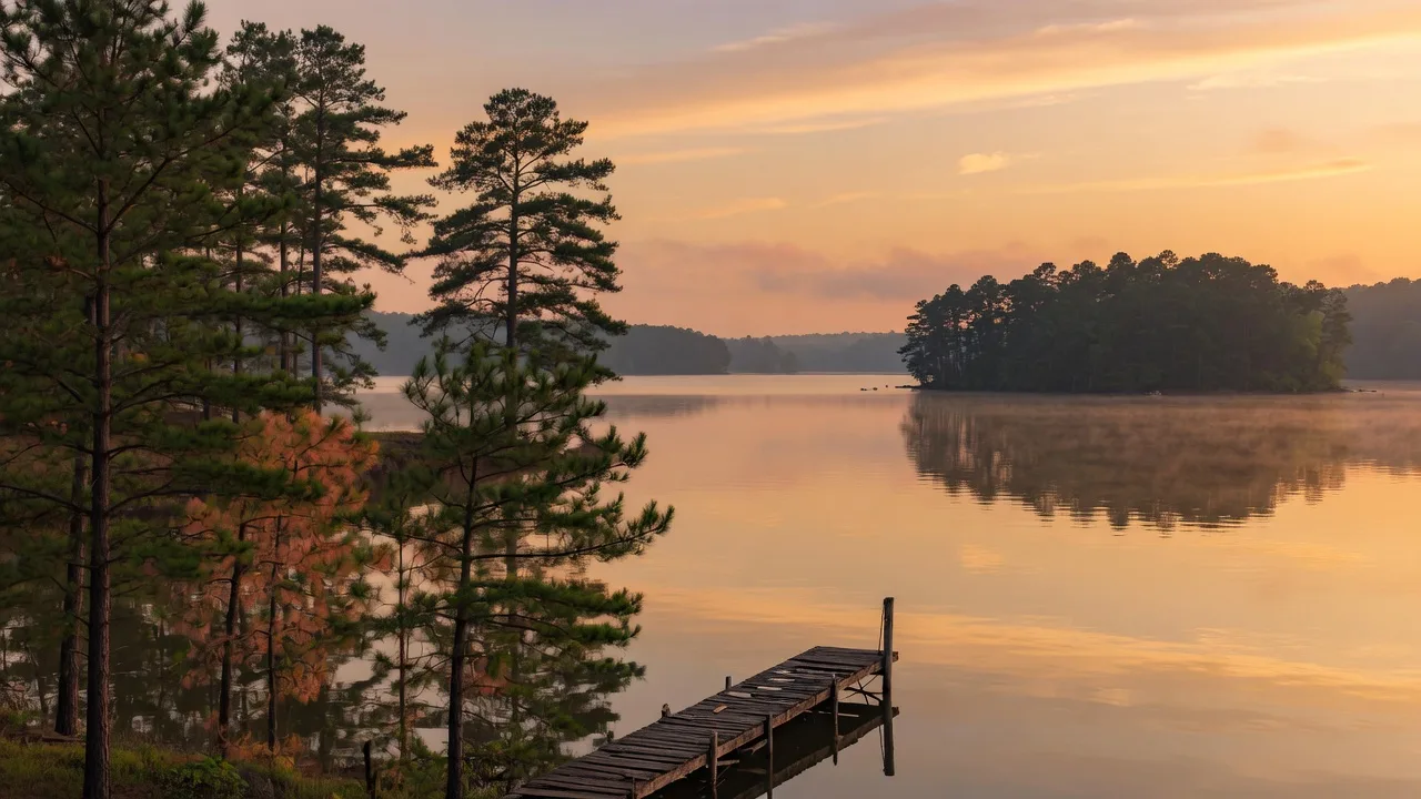 Lake Murray at golden hour with pines along the shoreline