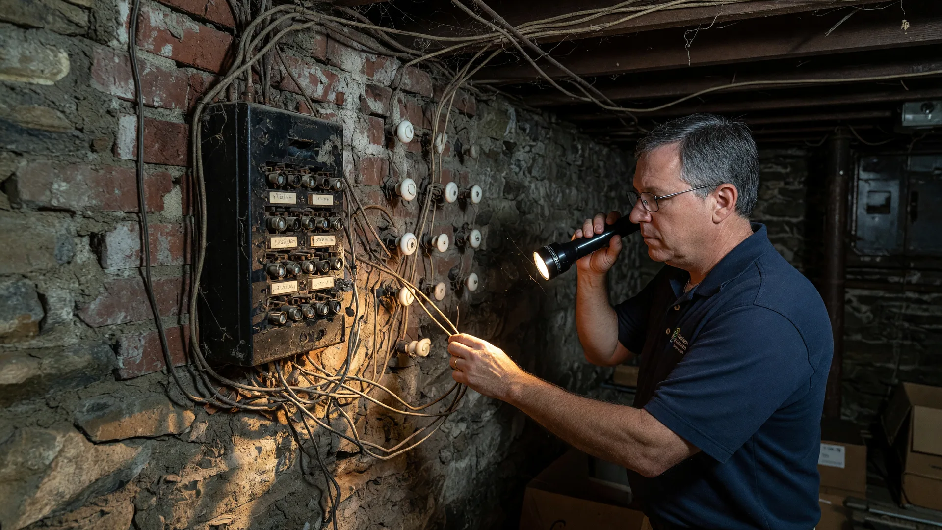 Home inspector examining old wiring in a historic home basement