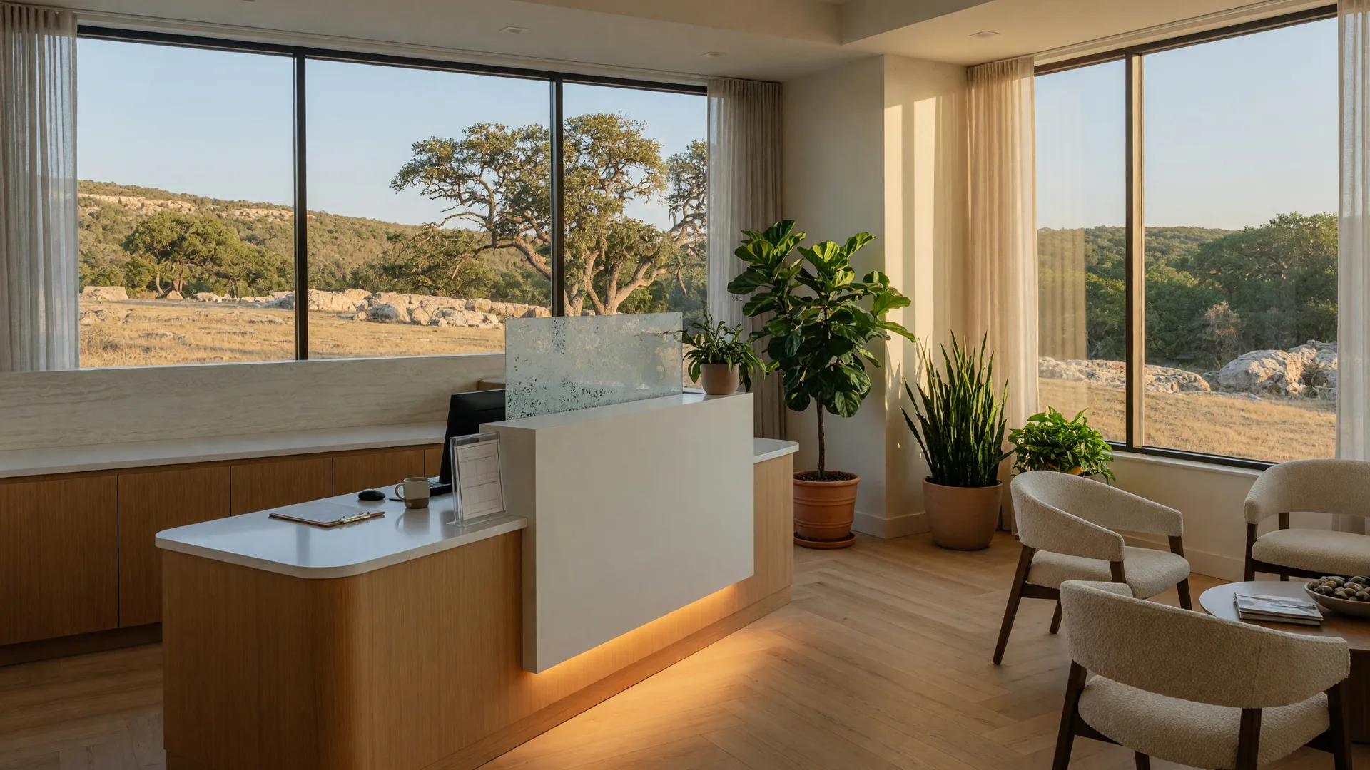 Modern medical office reception area in the Texas Hill Country with comfortable seating and warm afternoon light