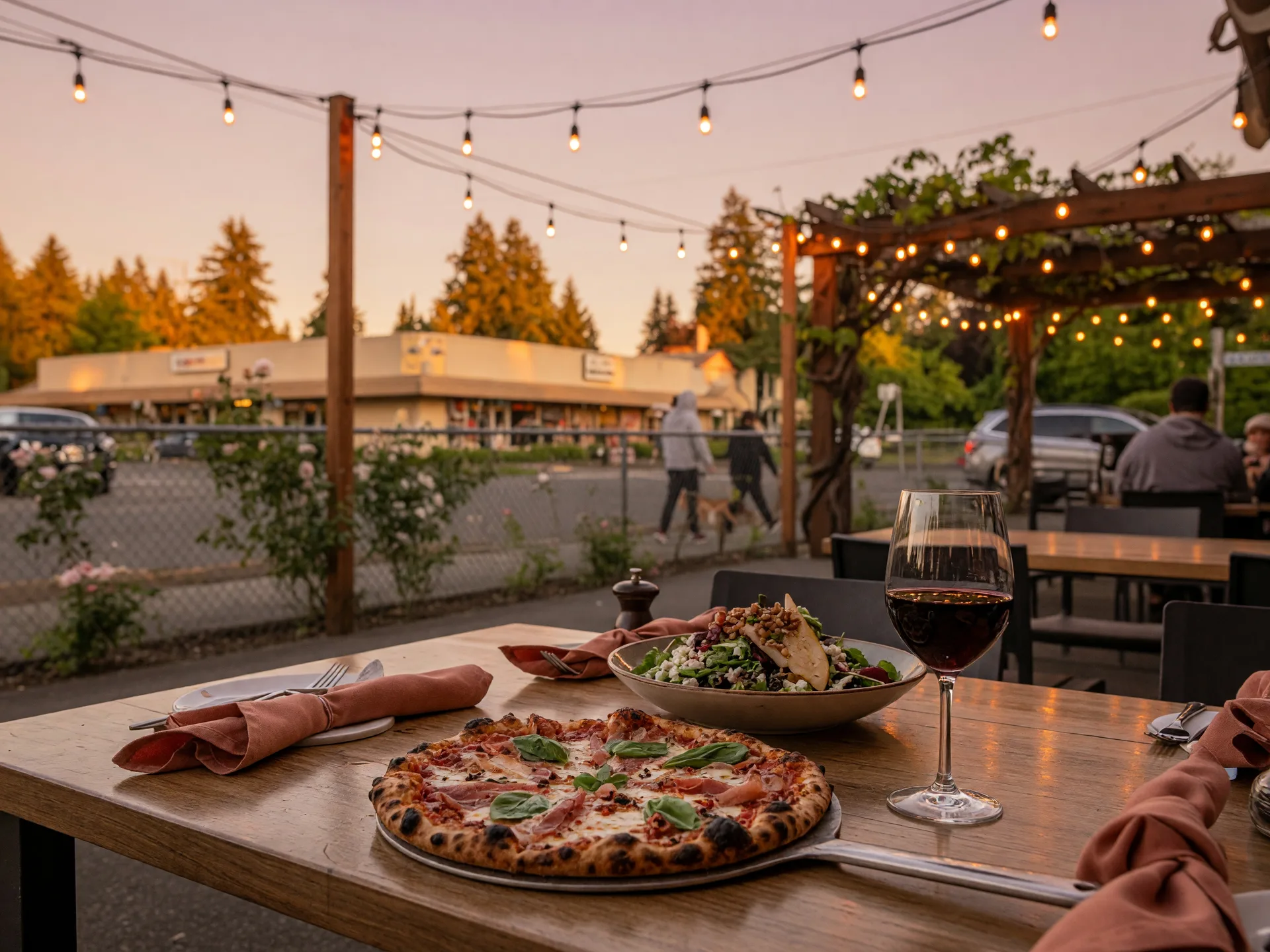 A restaurant patio in Clackamas at golden hour with a wood-fired pizza, a seasonal salad, and a glass of Oregon wine