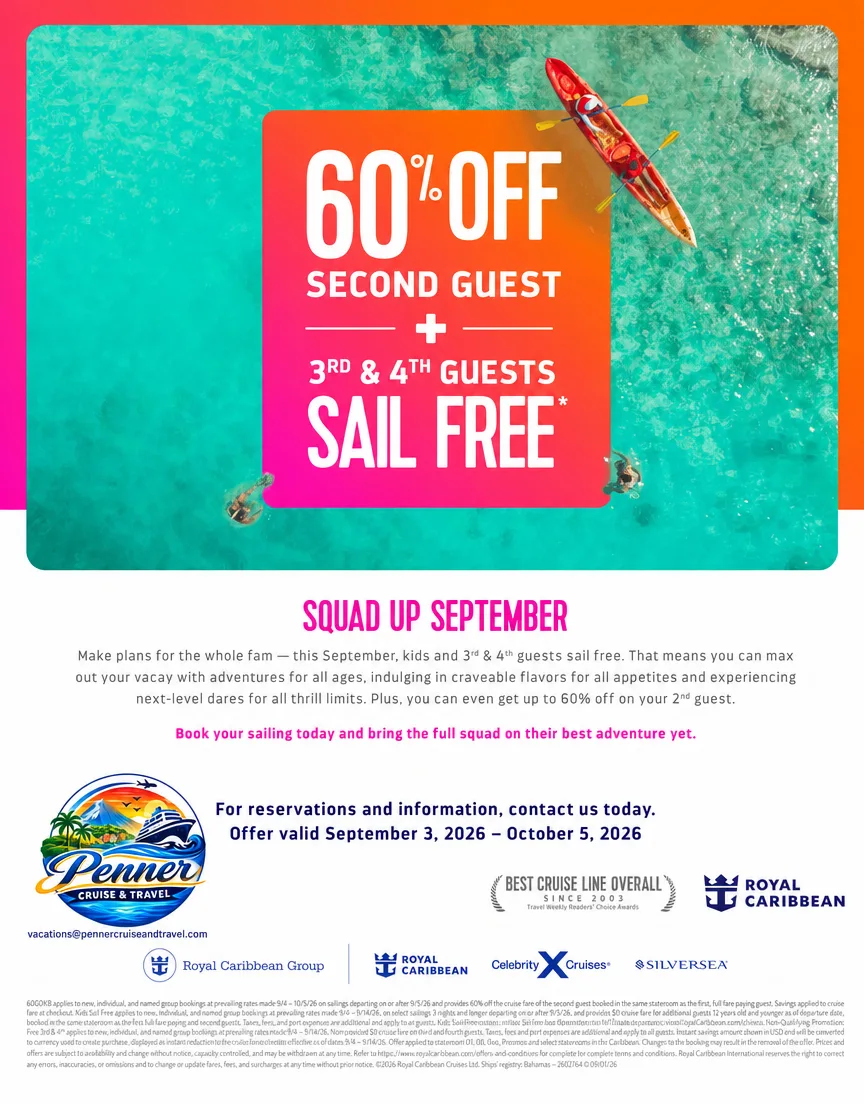 Oferta Squad Up September de Royal Caribbean: 60% de descuento en el segundo huésped con el tercero y cuarto navegando gratis