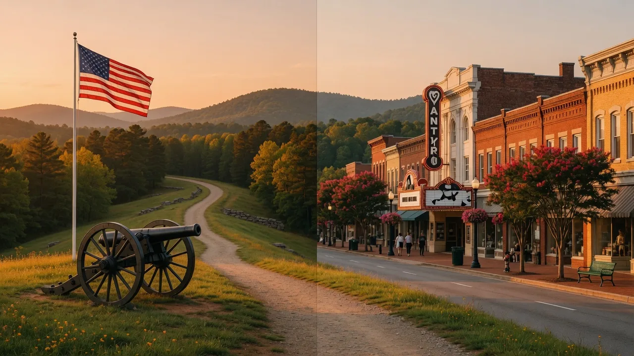 Split scene: Kennesaw Mountain National Battlefield Park with green slopes and an American flag on the left and downtown Canton's historic Main Street with brick storefronts on the right under warm afternoon light