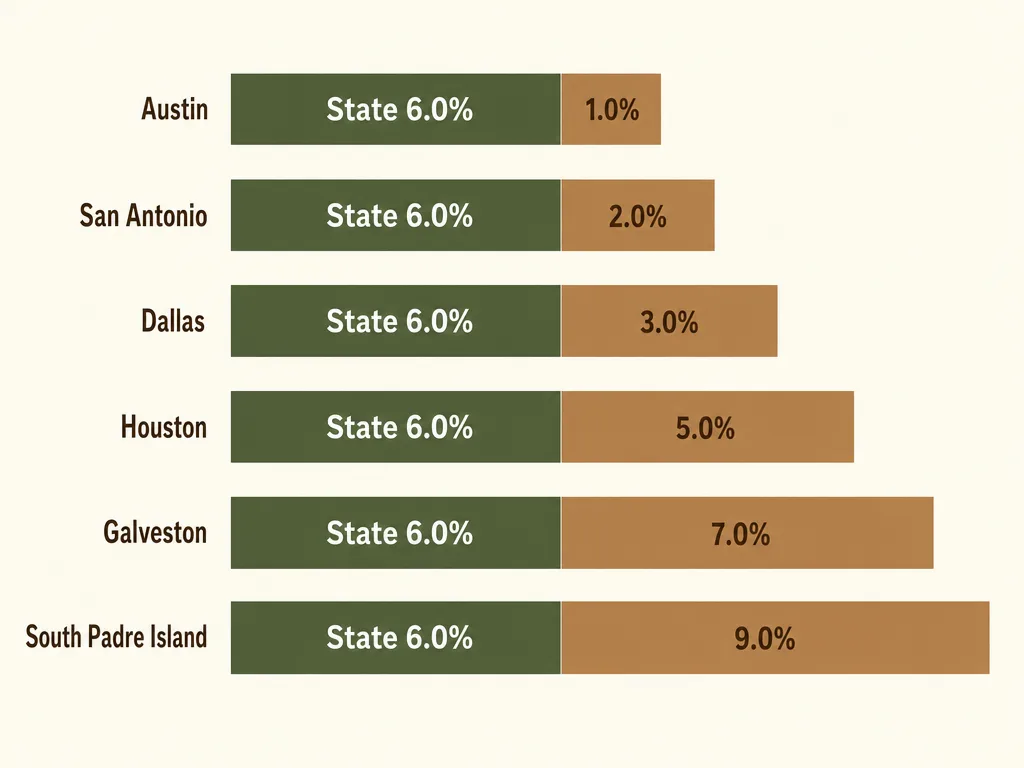 Infographic chart showing Texas Hotel Occupancy Tax breakdown with state 6% plus varying local tax rates