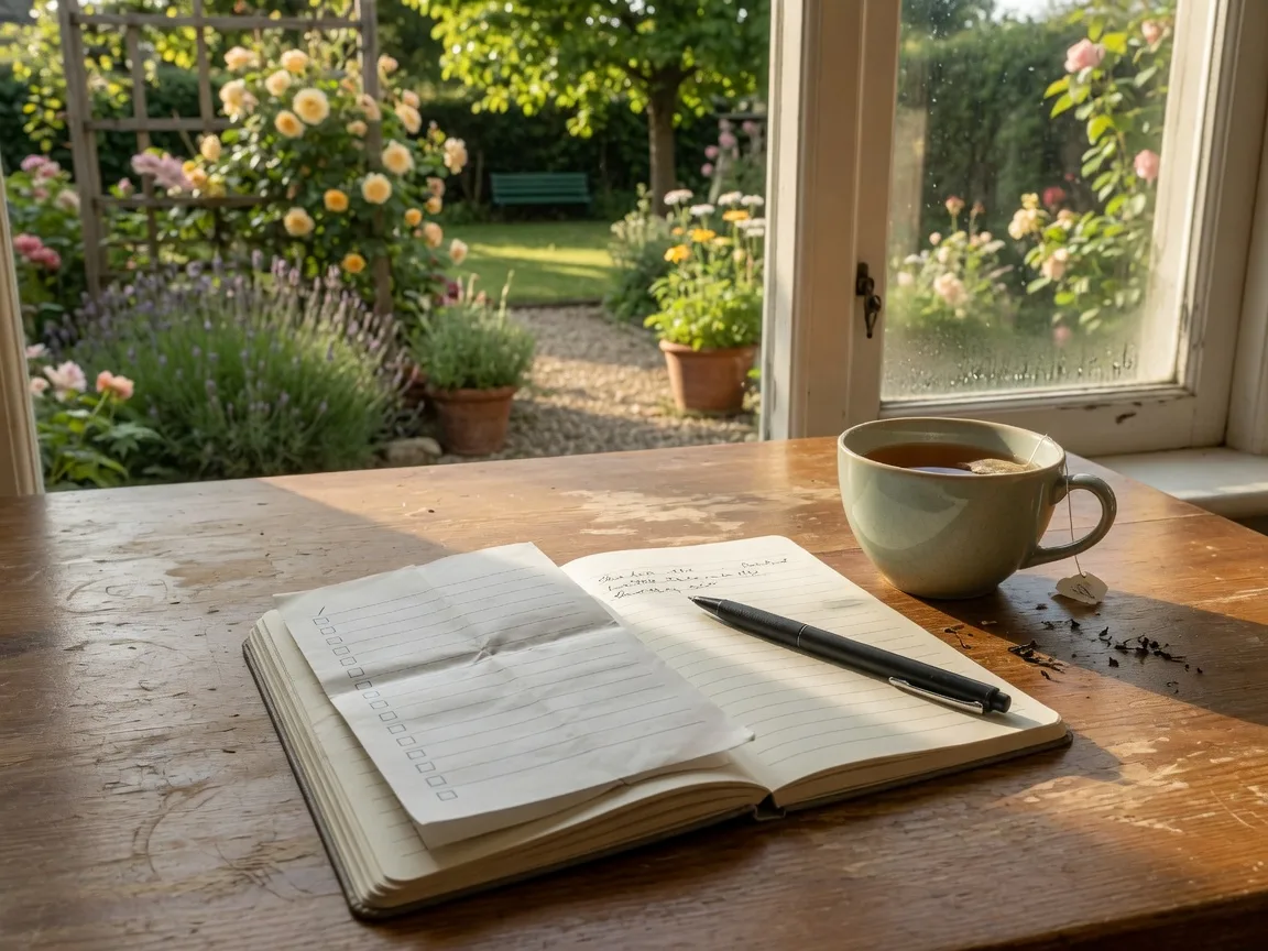 Notebook and pen on a wooden table beside a window overlooking a sunlit garden