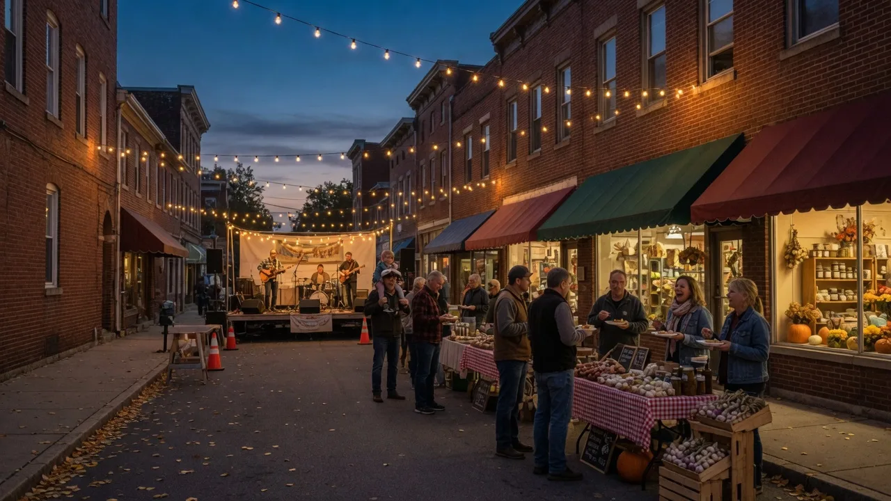 A downtown Pennsylvania street closed for a festival preview night at dusk, warm string lights strung between brick storefronts, a band on a low stage, festival-goers strolling with paper plates, vendor tables with garlic goods at the curb, glowing shop windows under a deep blue twilight sky