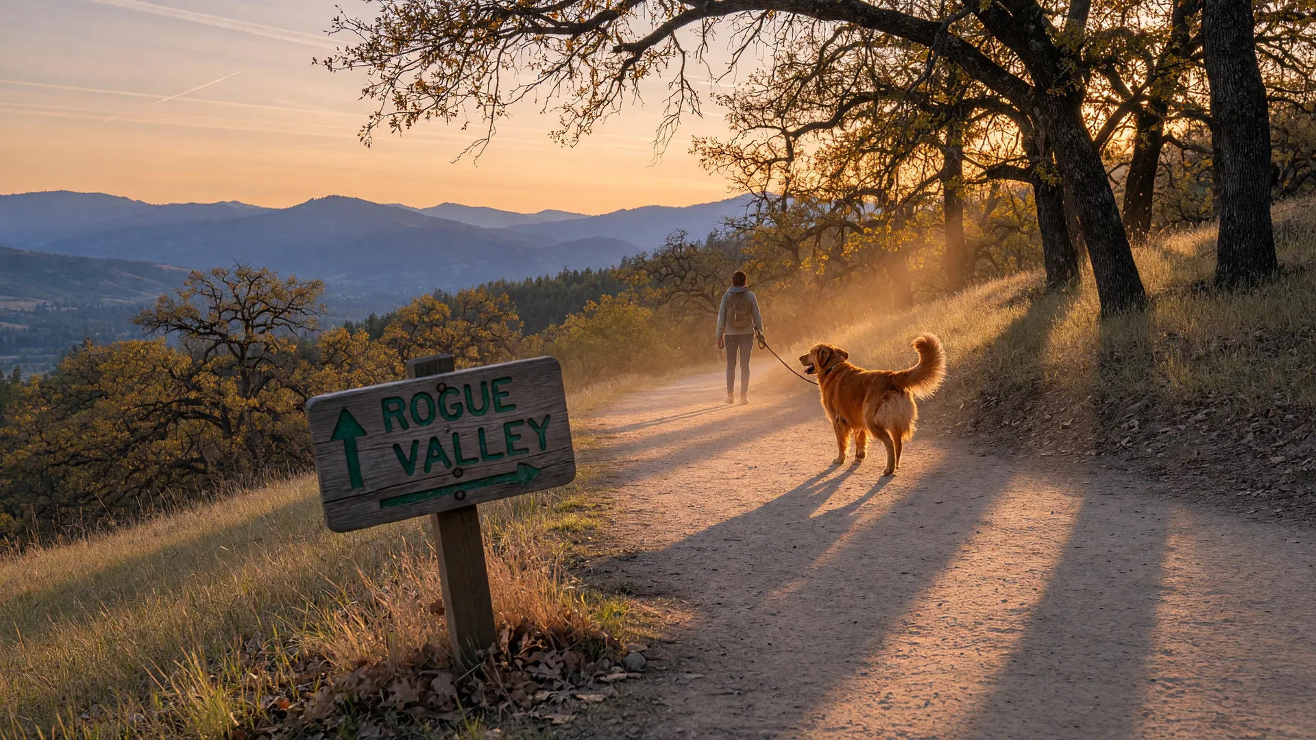 A golden retriever and its owner walking a sunlit trail in Southern Oregon with Rogue Valley mountain views