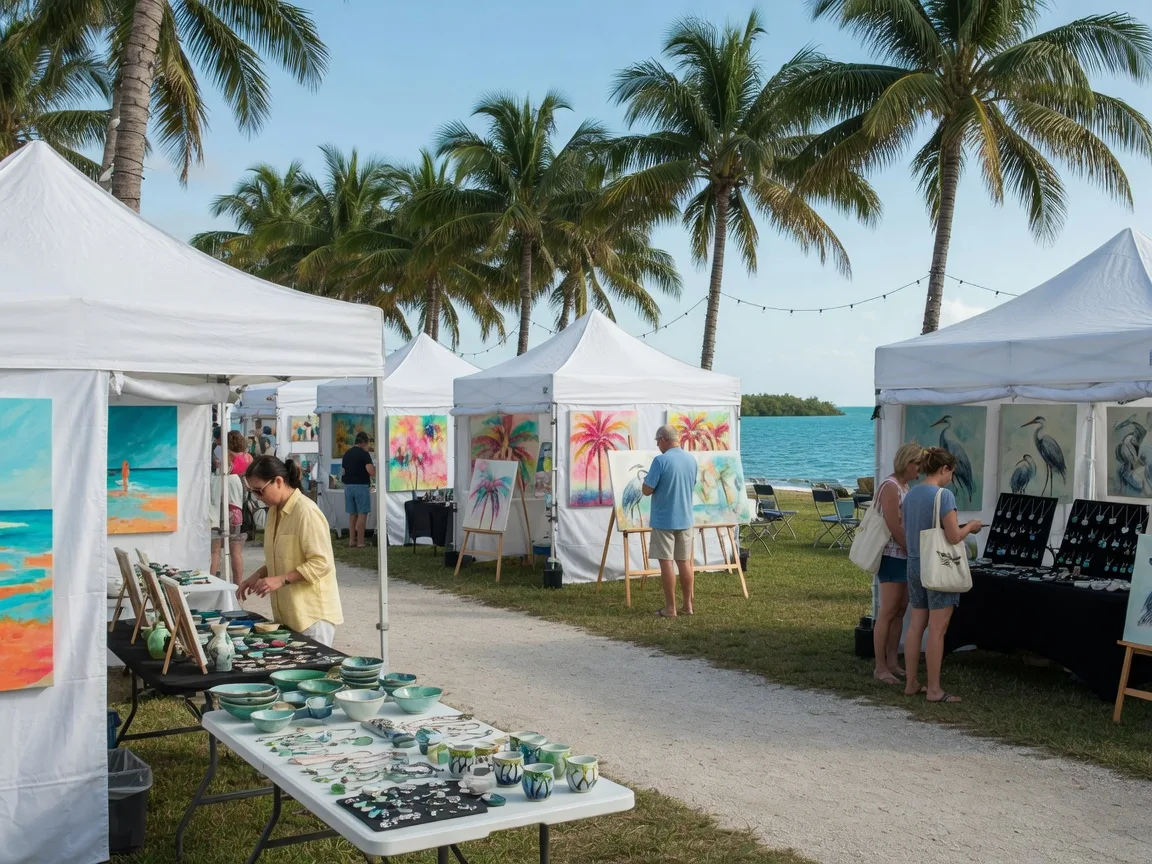 Rows of white artist tents with paintings on easels and pottery on display tables at an outdoor art festival in a Marco Island park, with palm trees and water in the background
