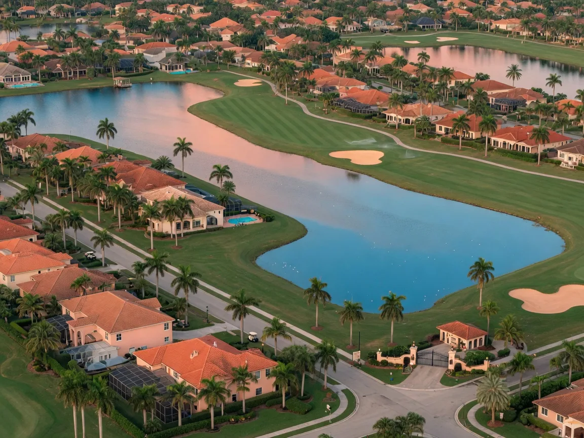 Aerial drone view of a South Florida gated community with a lake and homes