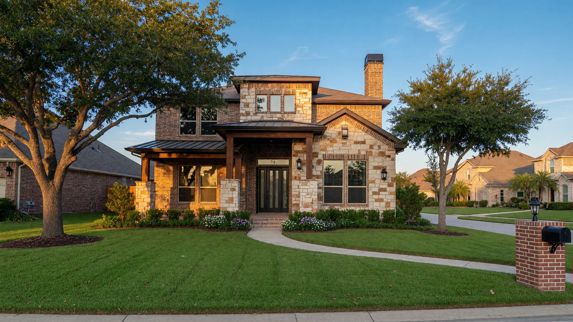 Modern two-story home with stone and brick facade on a sunny afternoon