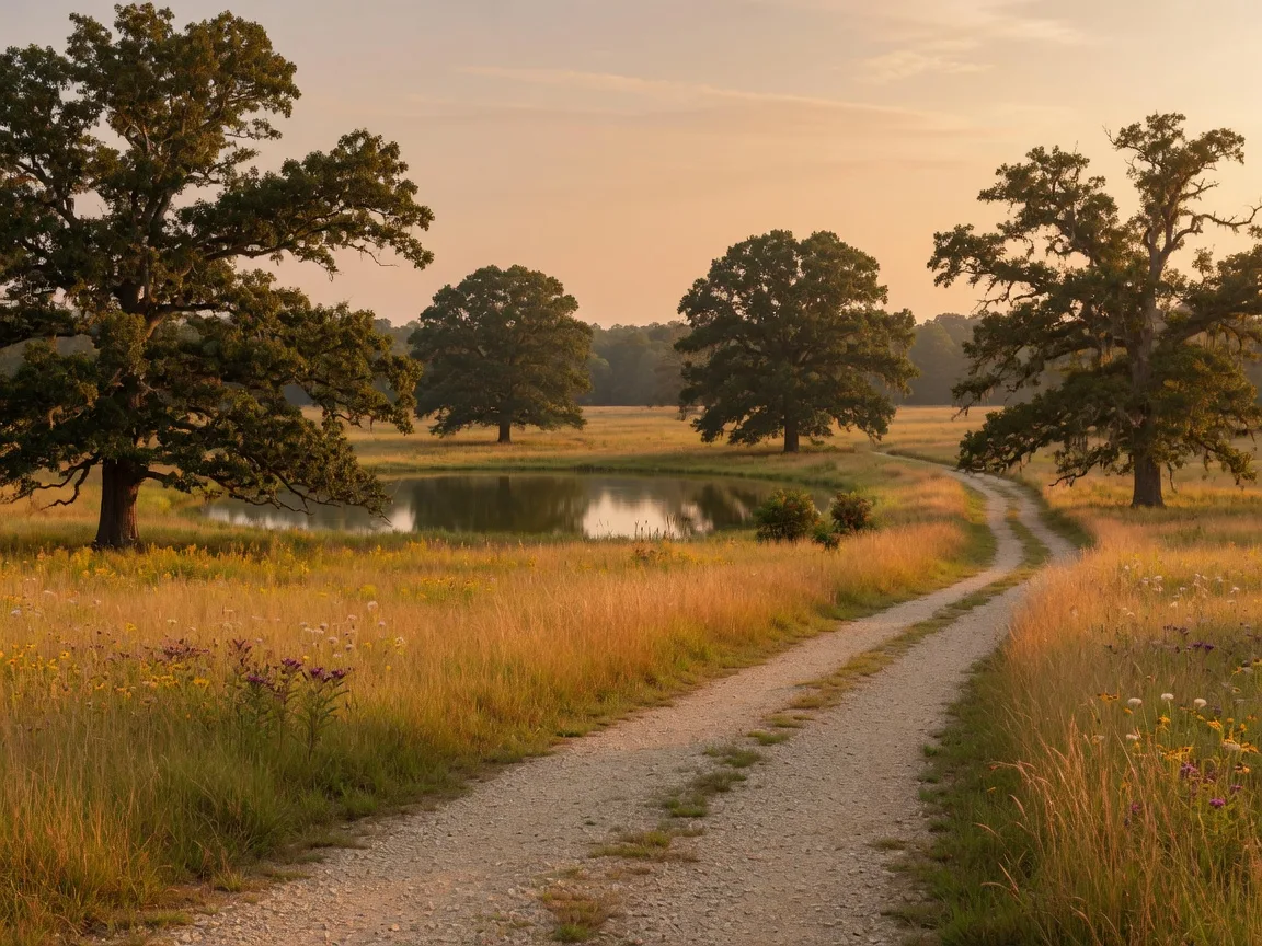 A gravel path winding through tall golden grass and wildflowers toward a small pond at a Loudoun County meadow nature preserve in late-afternoon light