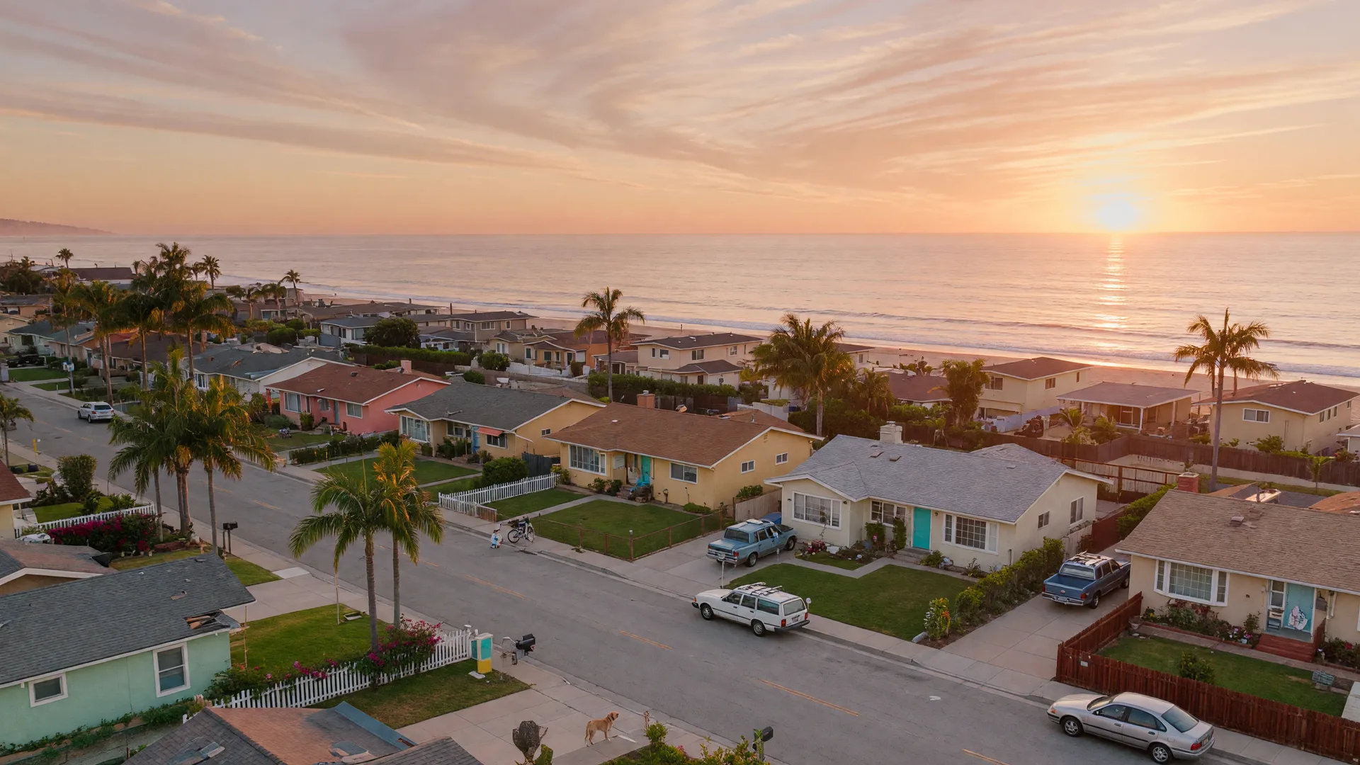 Golden hour over an Orange County beach neighborhood