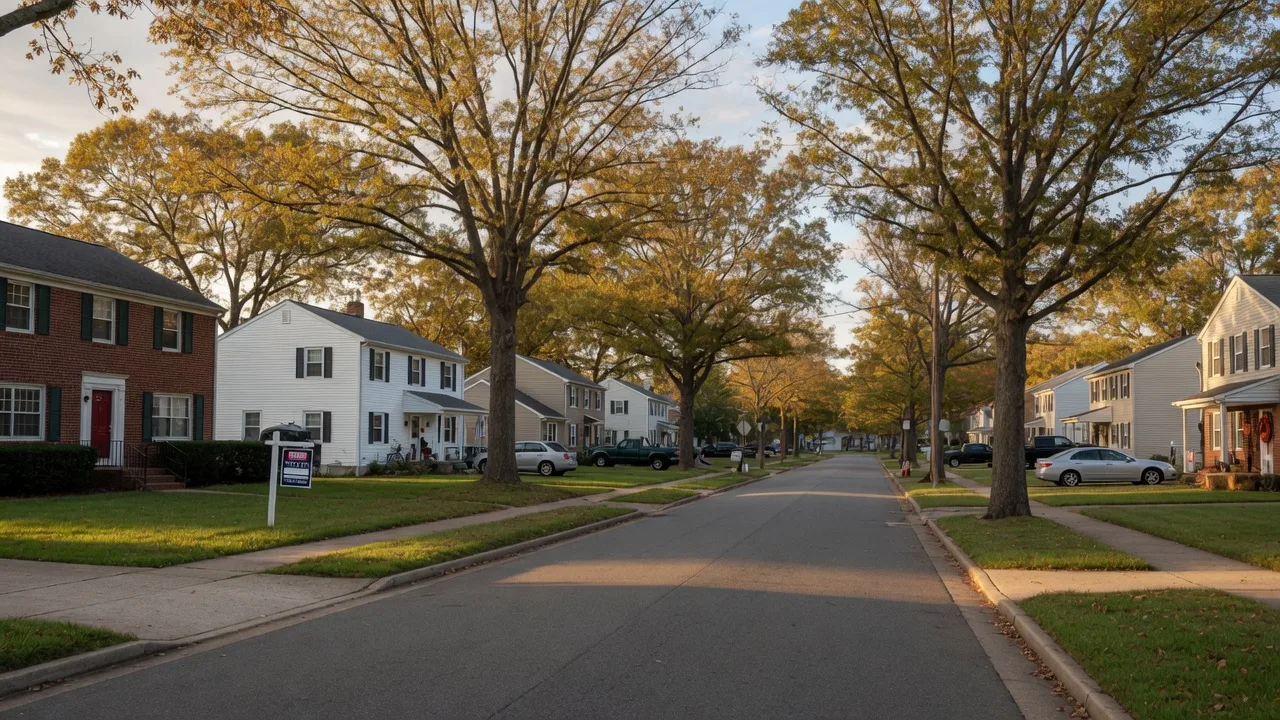 Quiet suburban residential street in Hampton Roads with brick and siding homes, fall color in the oaks, and a small For Sale sign in a front yard