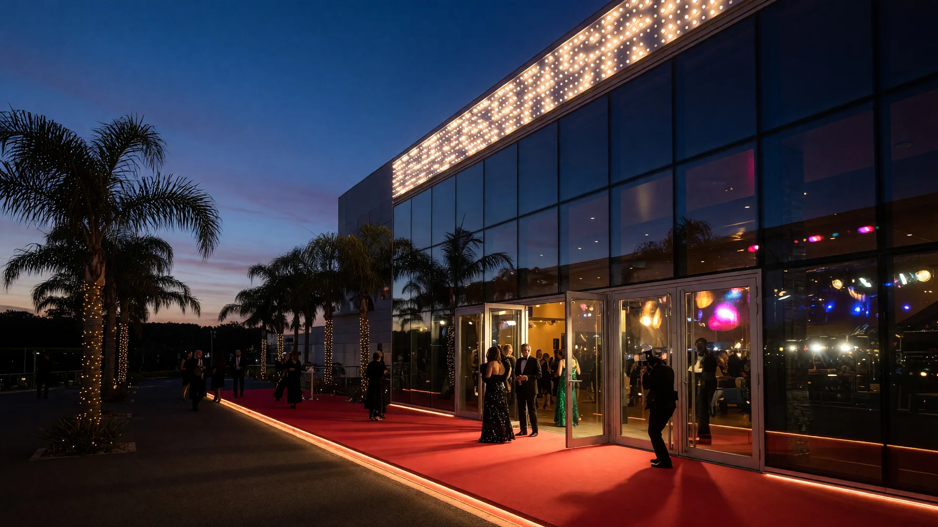 A film festival evening at a modern performing arts center at dusk with a red carpet leading to glass doors, a glowing marquee, and palm trees along the walkway