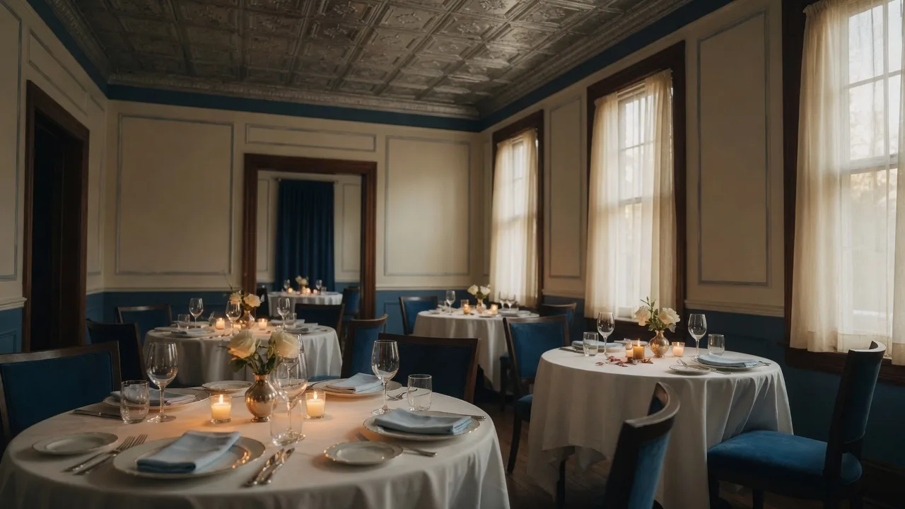 An elegant restaurant dining room in a restored historic home with white tablecloths, candlelight, and pressed tin ceiling