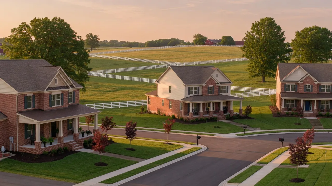 New construction craftsman homes in Lexington's Bluegrass horse country with rolling green pastures and white limestone fences