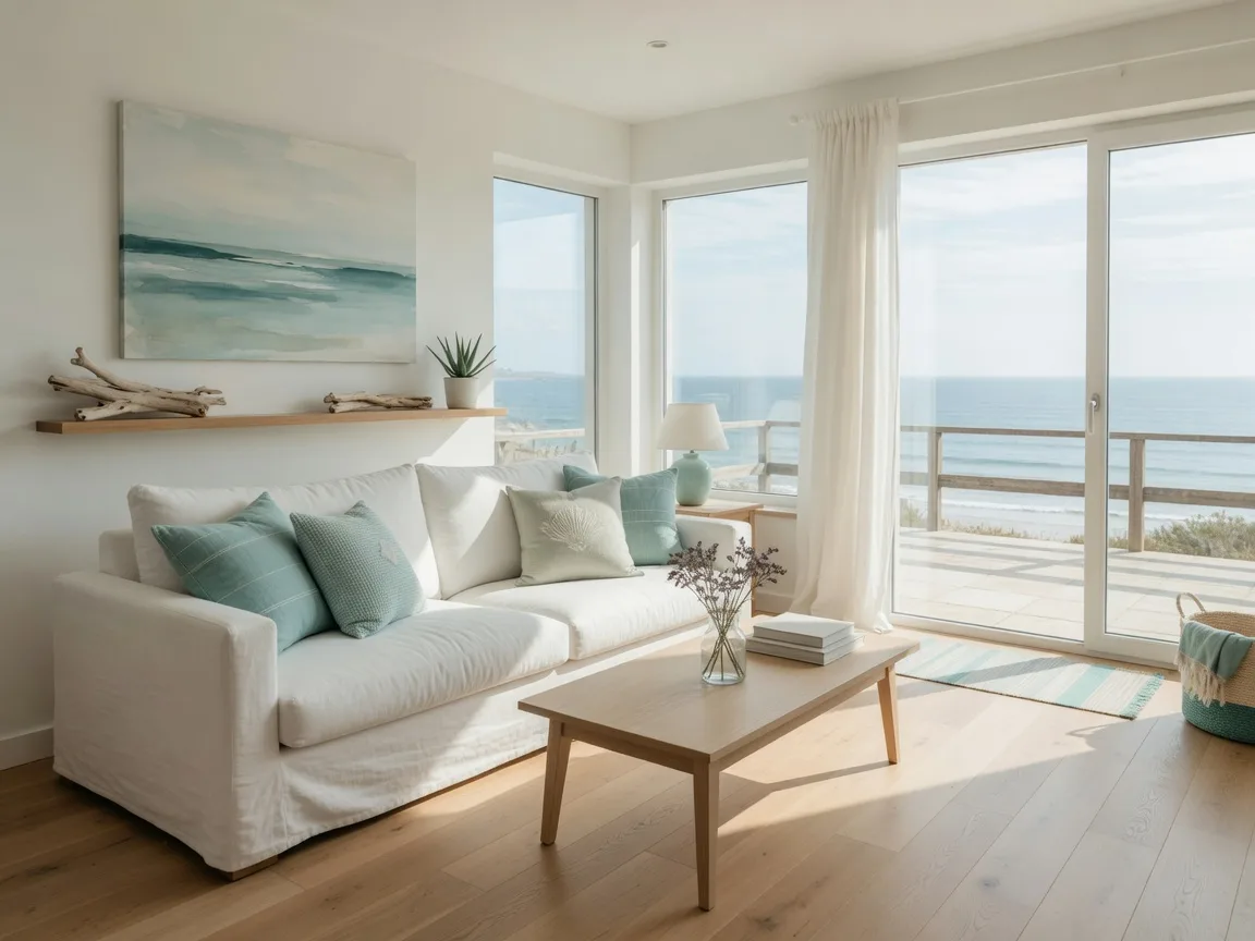 Bright coastal living room with a white linen sofa and soft ocean light