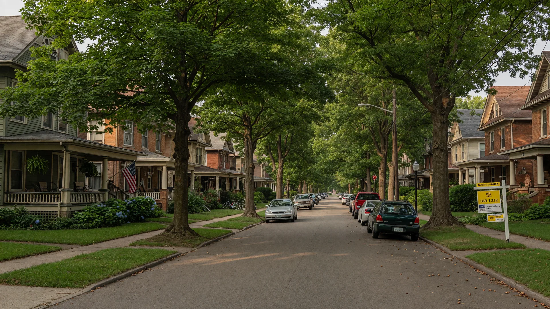 A quiet tree-lined residential street in a Dayton Ohio neighborhood with well-maintained historic homes and mature trees
