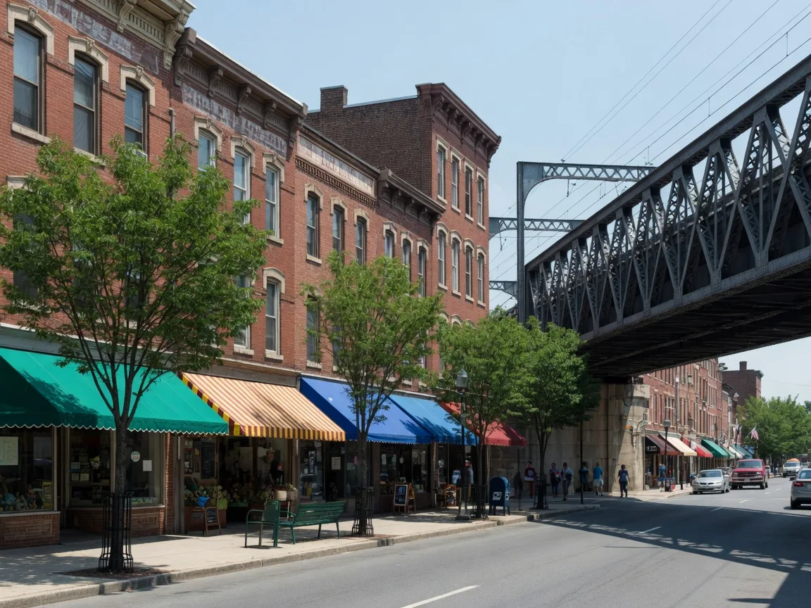 Historic brick buildings and a main street in downtown Norristown, Pennsylvania with a SEPTA rail bridge overhead