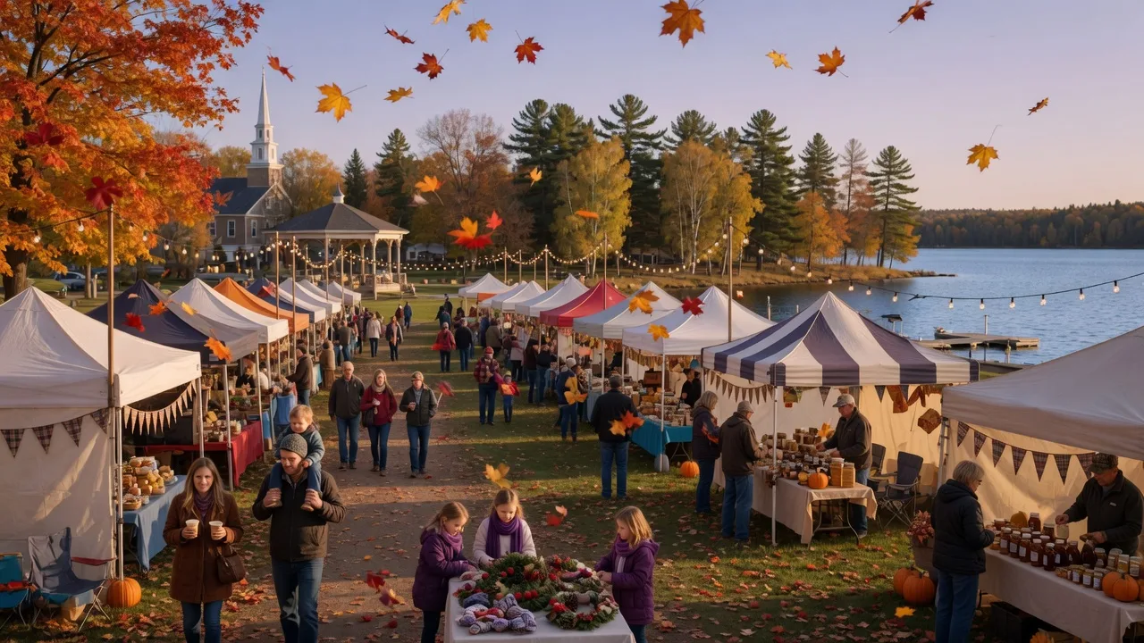 Autumn craft fair vendor tents and market stalls in Crosslake town square with string lights and falling maple leaves, a lake and pines in the distance