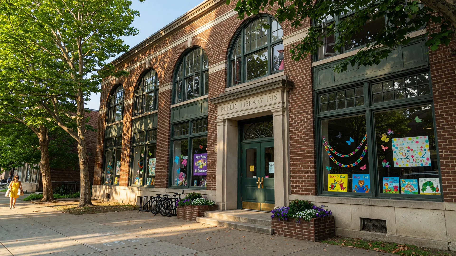 Historic brick library building in Bloomfield NJ with tall windows and mature trees on a sunny summer afternoon