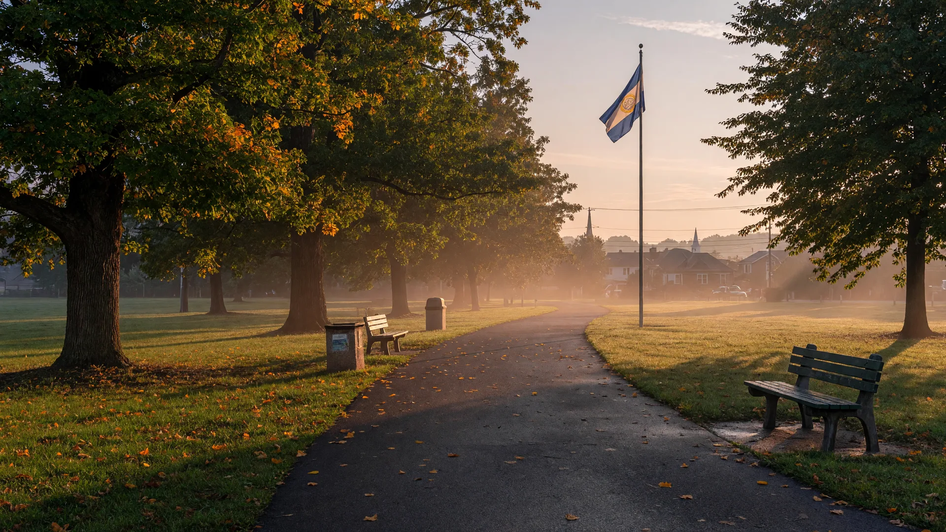 Early-autumn morning light on the paved Ironton Rail Trail in a Lehigh Valley park, with trees beginning to turn gold and orange