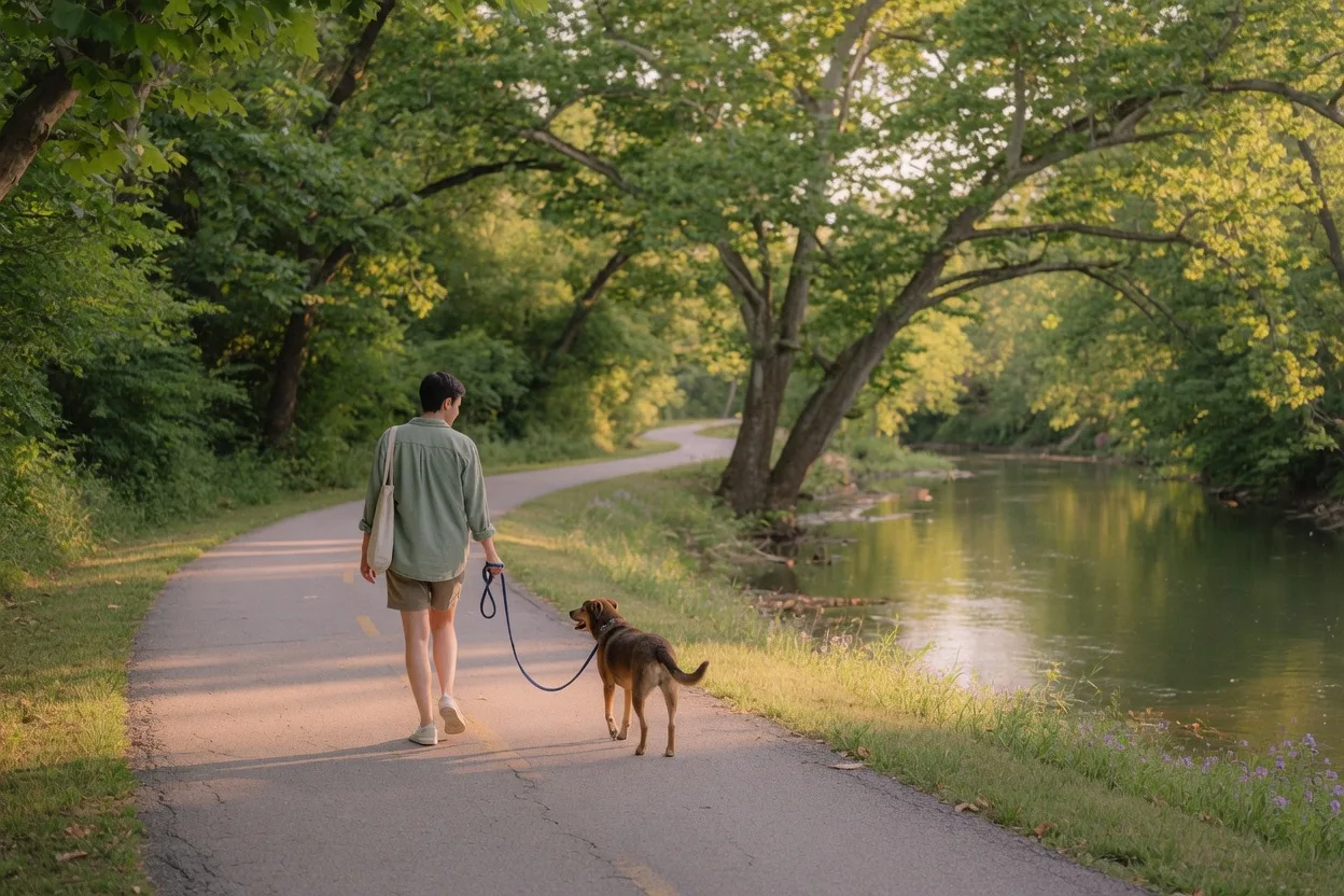 A person walking a leashed dog with a relaxed, slack leash along a flat, tree-lined paved trail beside a river.