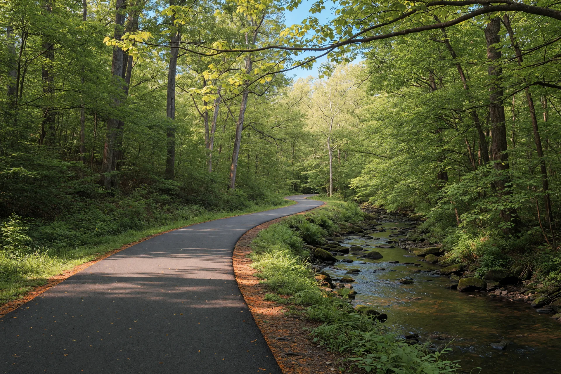 Bright daylight photograph of the Sligo Creek Trail in Takoma Park