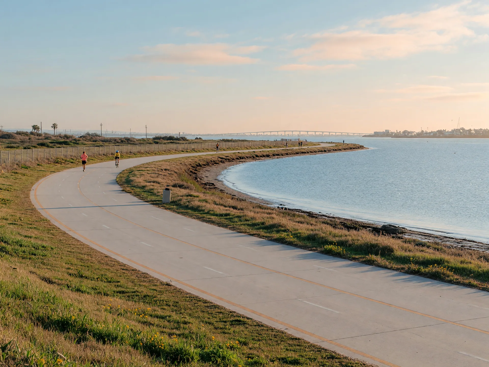 The Bayshore Bikeway path along San Diego Bay near Imperial Beach with calm water and green shoreline, part of daily life in 91932