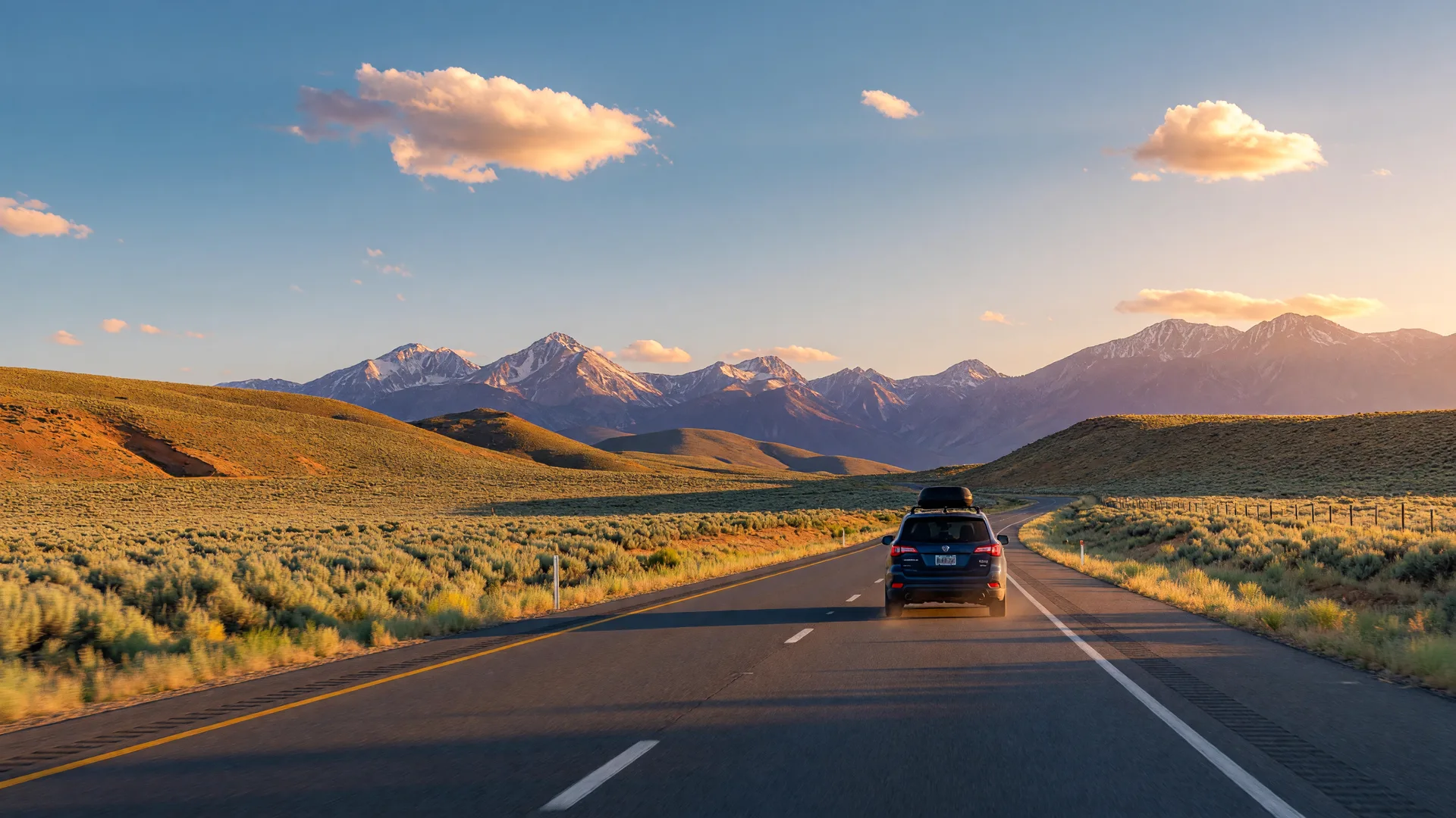 A car drives on a two-lane Nevada highway at golden hour, with the Sierra Nevada rising on the horizon.