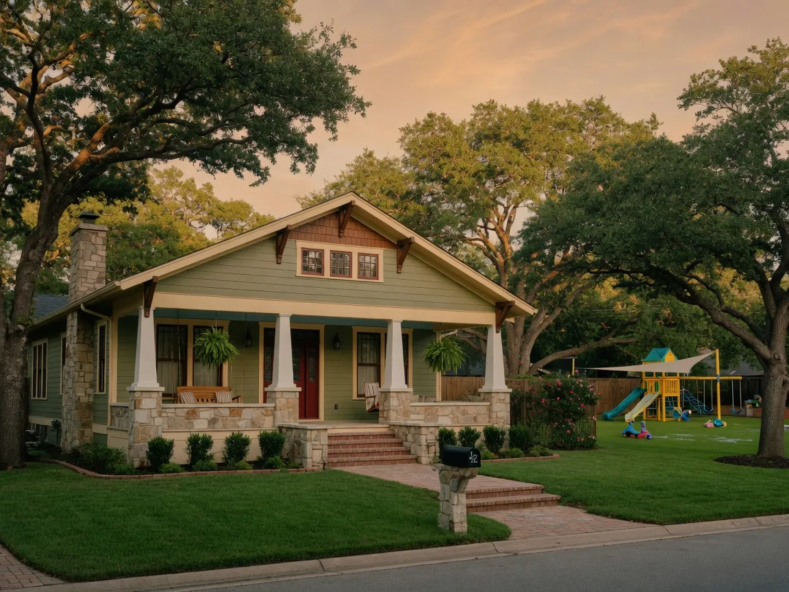 A craftsman-style home in Providence Village with sage-green siding, white-columned front porch, stone accents, and a children's playground and green space visible nearby in the late afternoon light