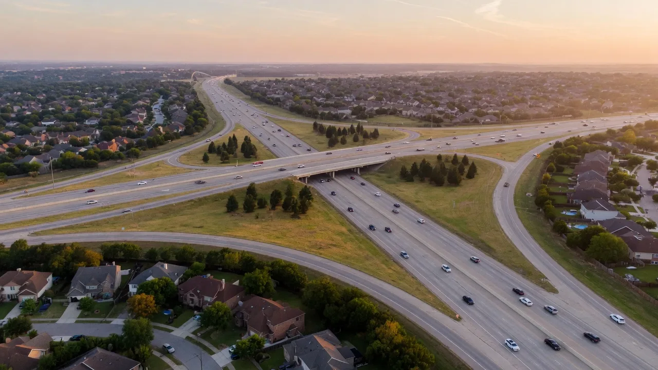 Aerial view of a North Texas divided highway interchange at golden hour with light traffic and suburban rooftops in the distance