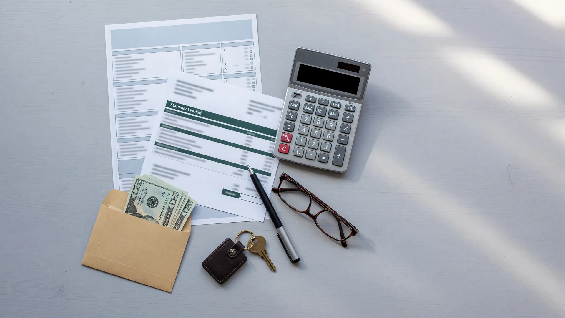 A loan estimate form, calculator, cash in an envelope, and a house key on a desk