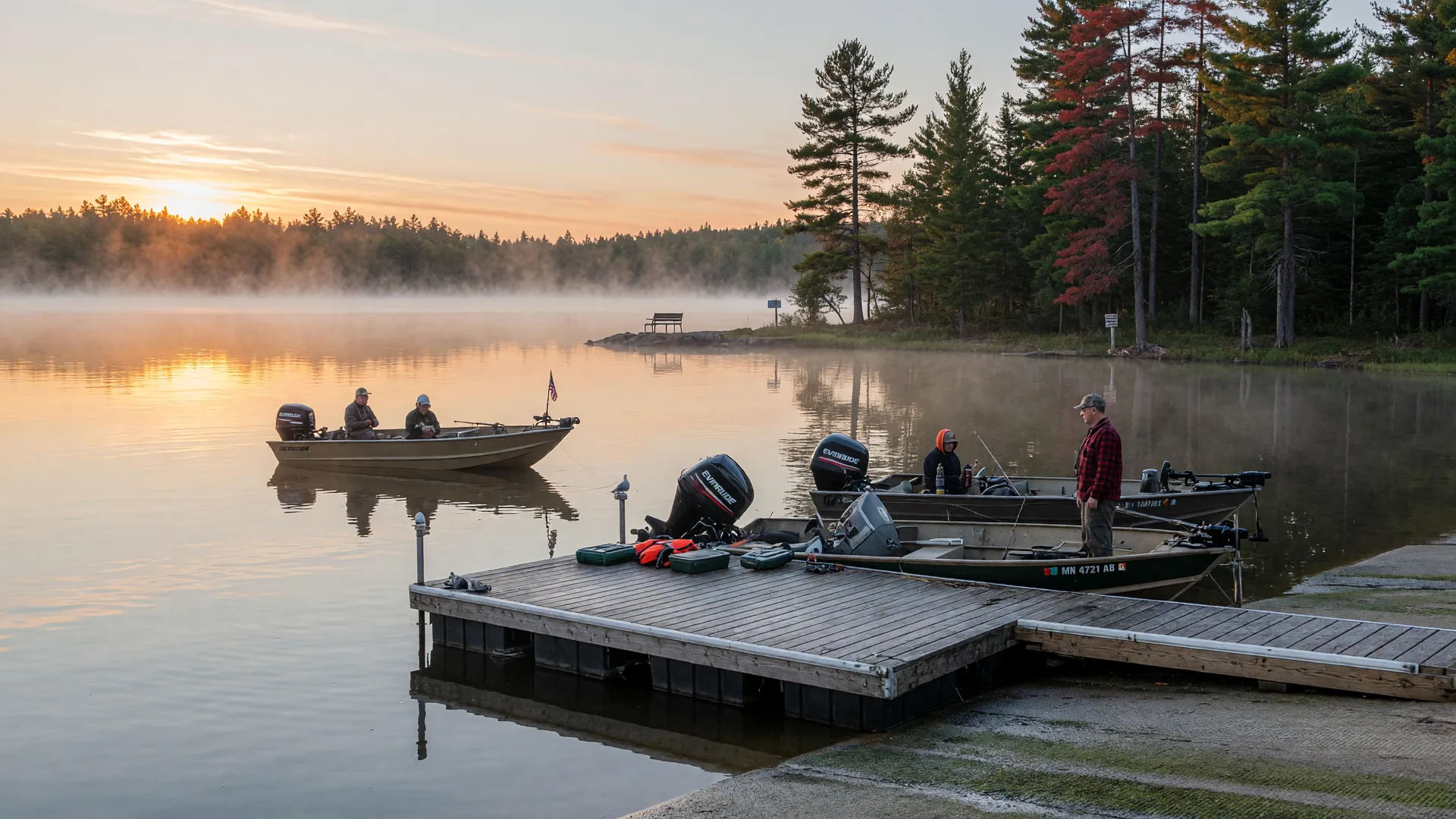 Fishing boats gathered at a public launch on a misty Minnesota lake at sunrise during fishing opener weekend