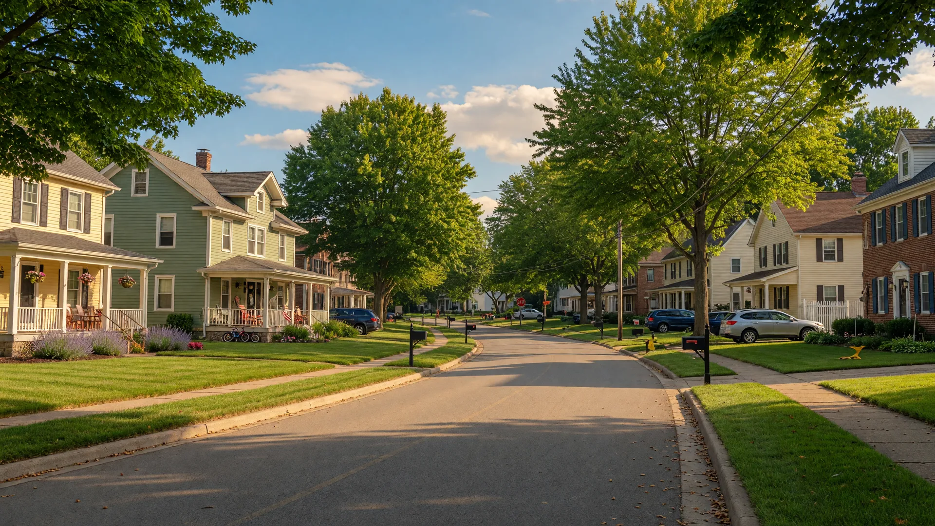 Tree-lined suburban street in Avon, Ohio with well-maintained homes on a sunny summer afternoon