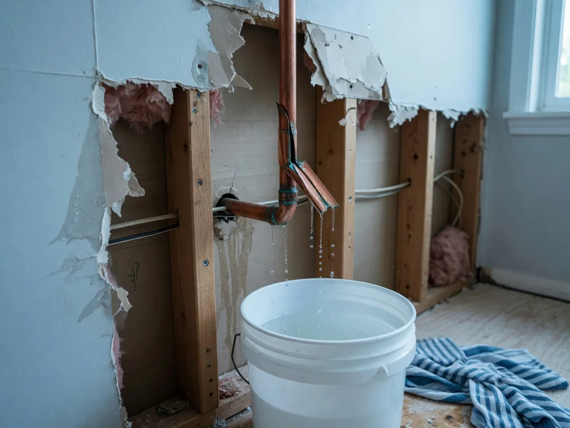 Burst copper supply pipe dripping into a bucket inside an open wall cavity