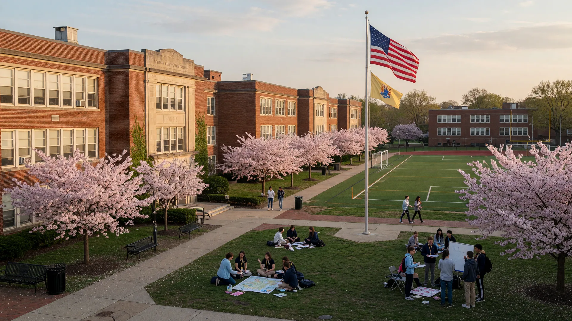 Camden County NJ school campus with red brick buildings, cherry blossom trees, sports fields, and students on a warm spring morning