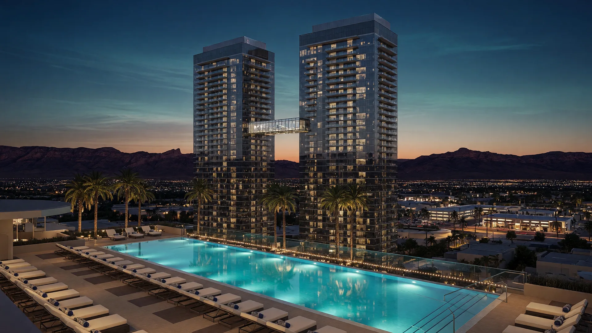 Ultra-wide cinematic view of twin residential high-rise towers rising near Downtown Summerlin