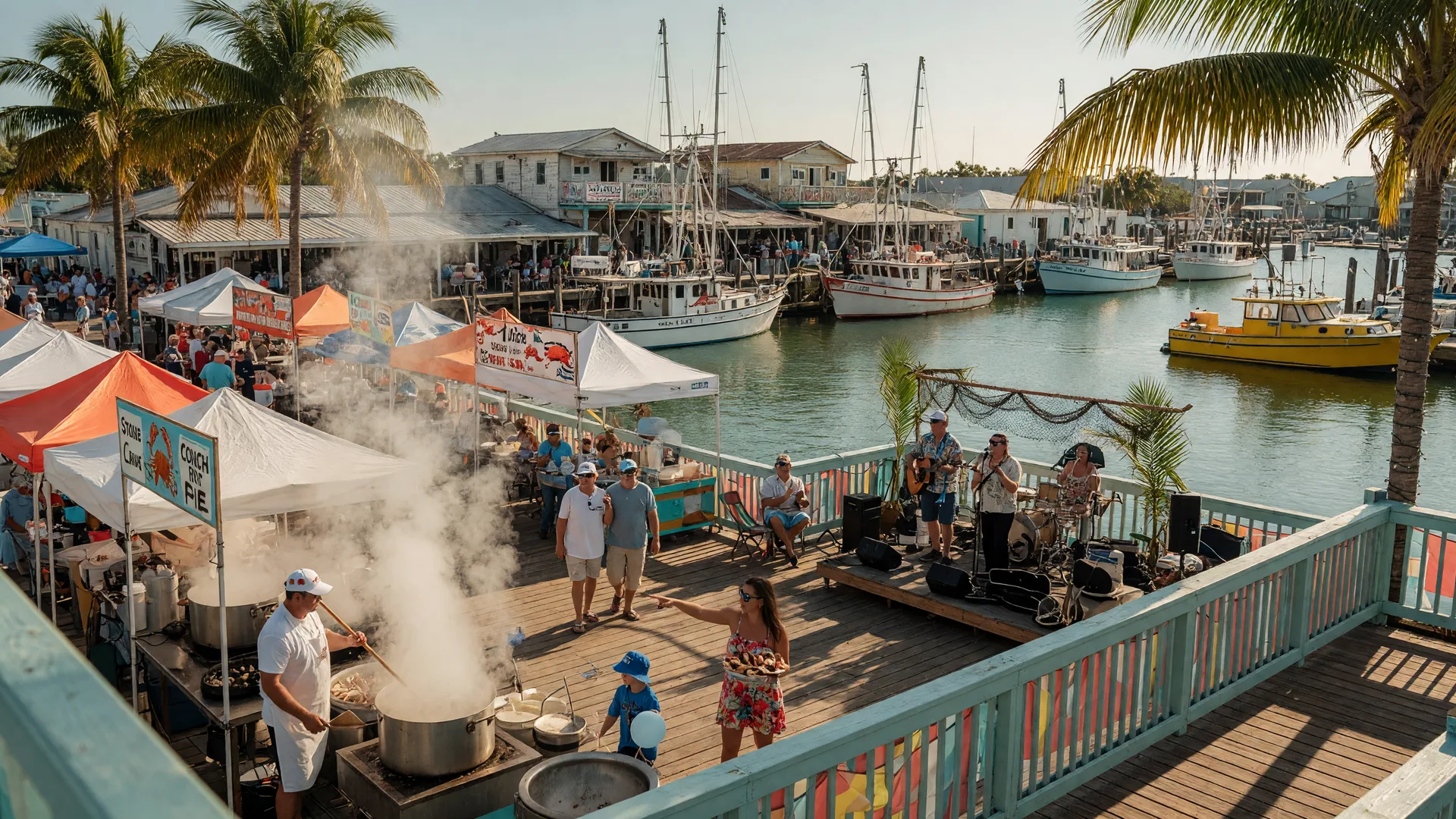 The Naples Stone Crab Festival at Tin City, an open-air festival on wooden boardwalks beside a marina with vendor tents, a live music stage, moored boats, and palm trees in warm afternoon light