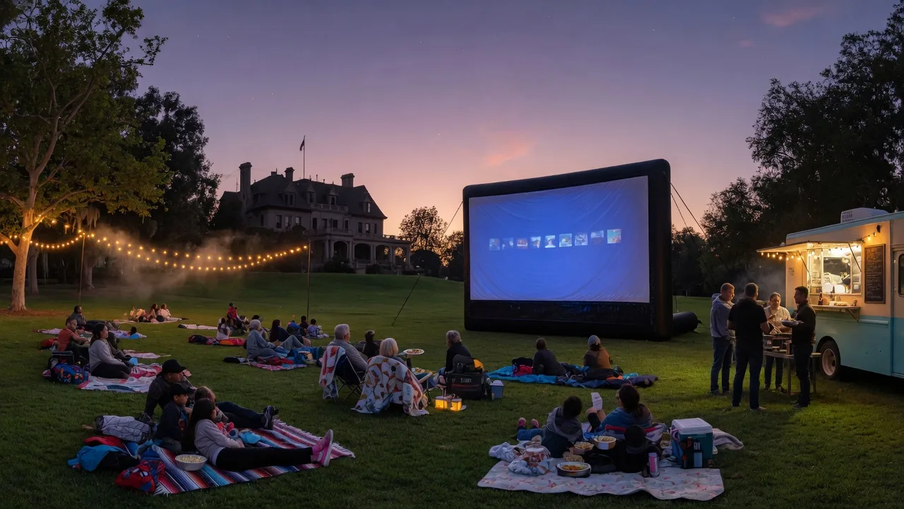 Families gathered on blankets at an outdoor movie night in a Santa Clarita Valley park at dusk