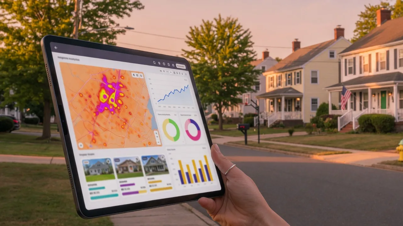 Tablet displaying real estate analytics dashboard with data charts